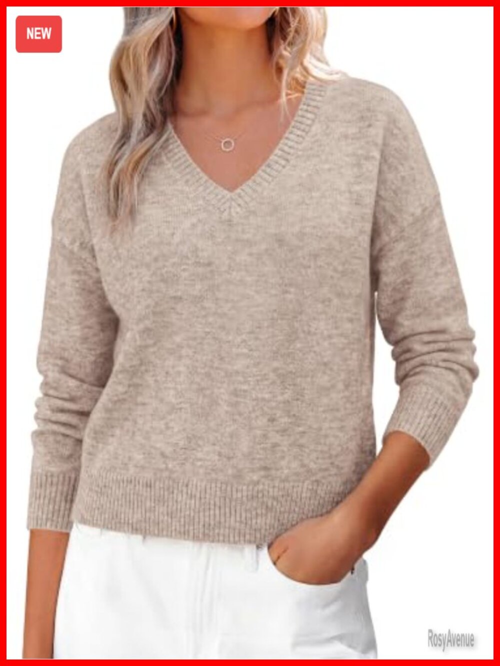 V-Neck Pullover Sweater Womens Soft Knit Long Sleeve Casual Top
